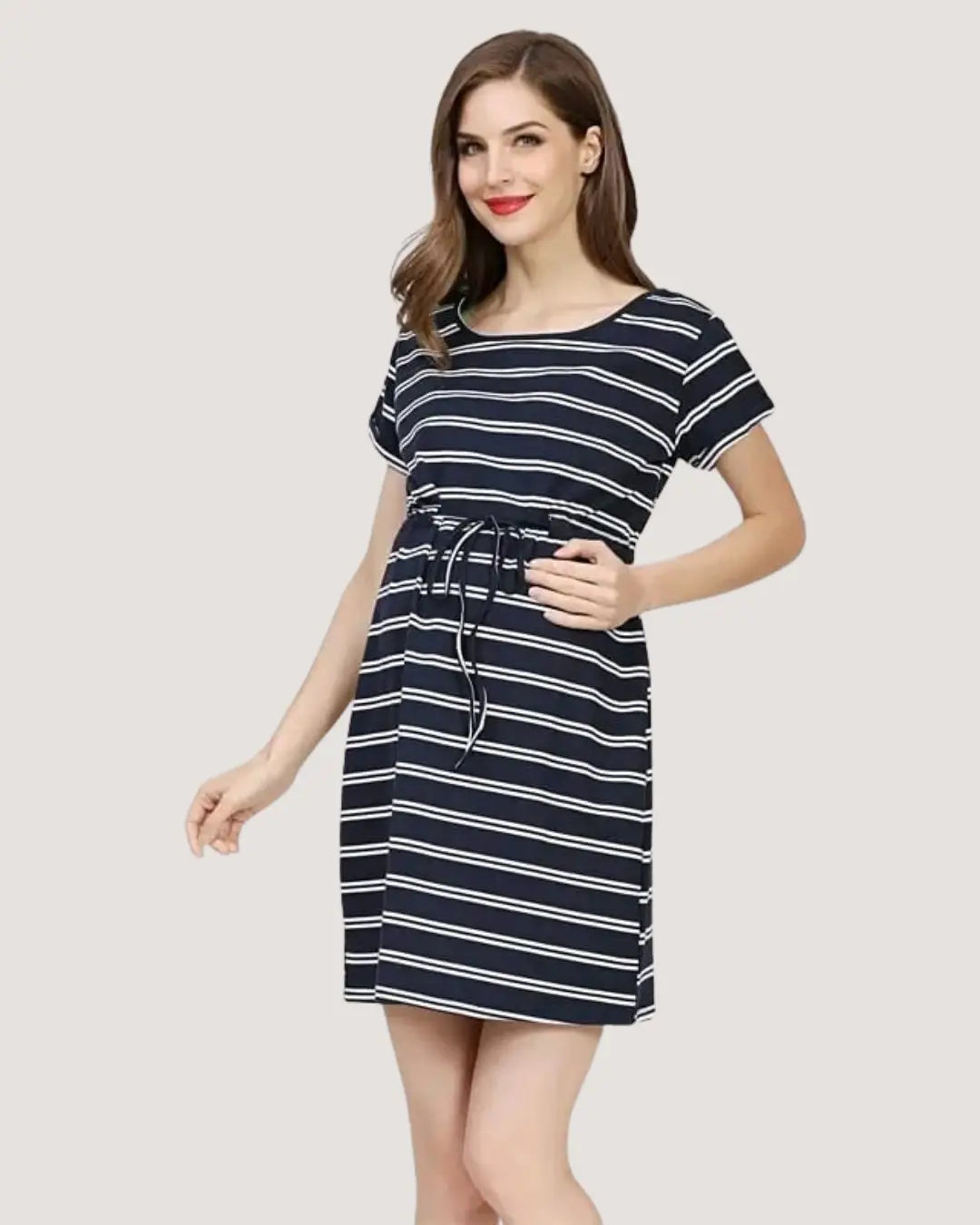 Navy Striped Maternity Dress with Drawstring