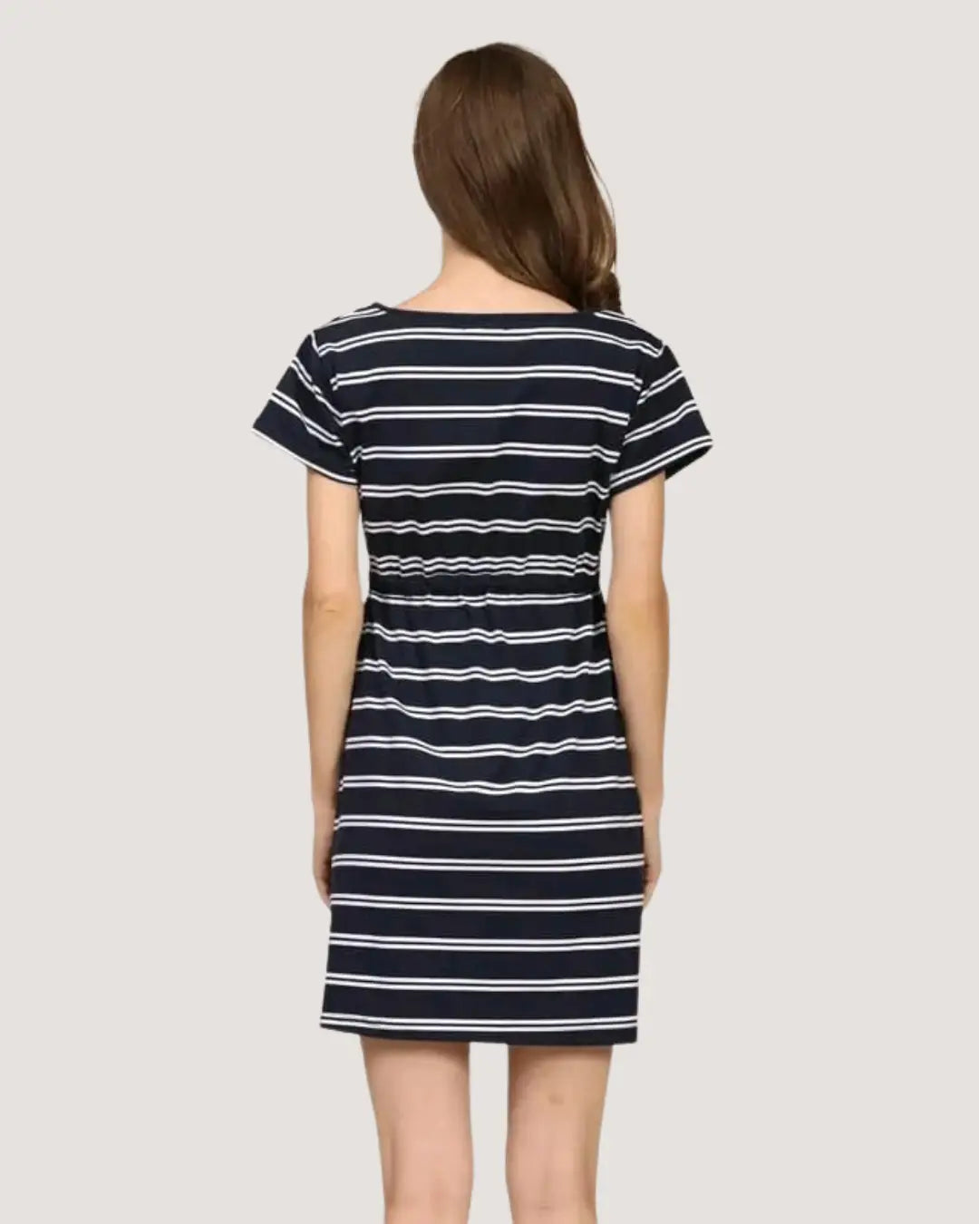 Navy Striped Maternity Dress with Drawstring Waist (Clearance)