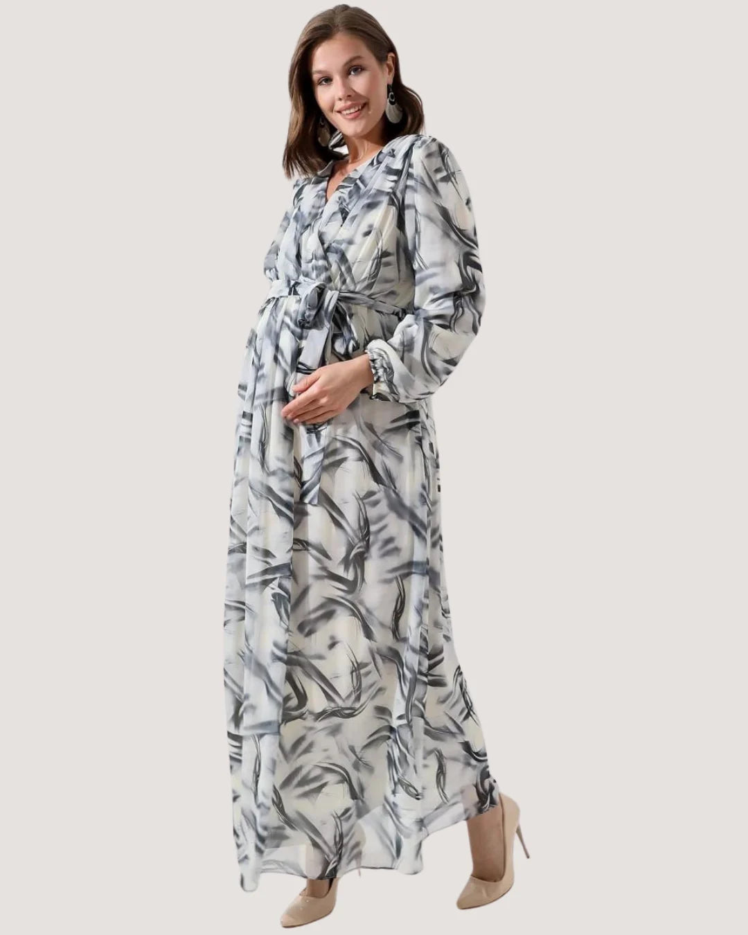 chinese dress ladies Pink Mesh Tiered Long Sleeve Maternity Maxi Dress