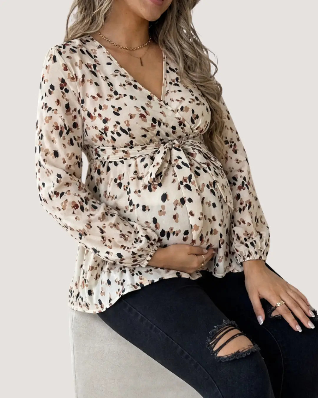 Beige Abstract Print Maternity Blouse