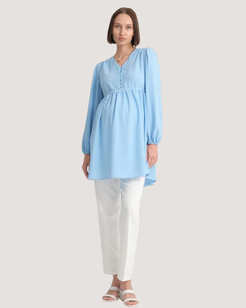 Baby Blue Maternity Tunic with Front Button Design