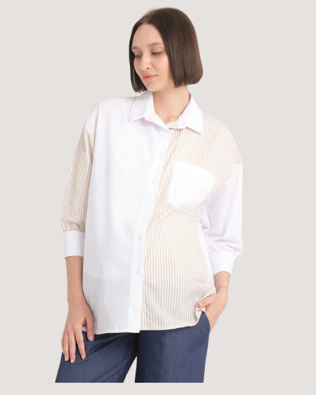 White Maternity Shirt with Beige Stripes