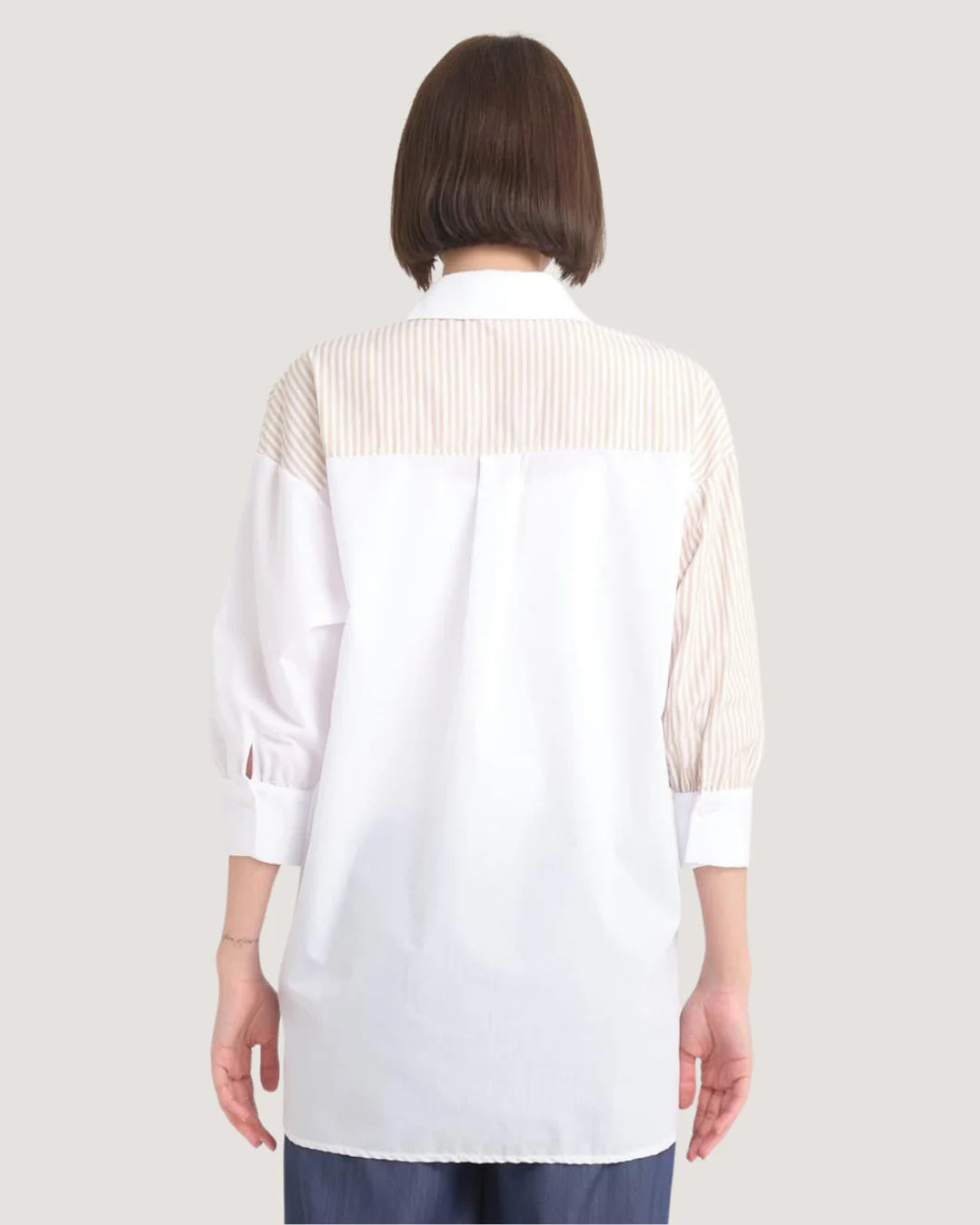 White Maternity Shirt with Beige Stripes