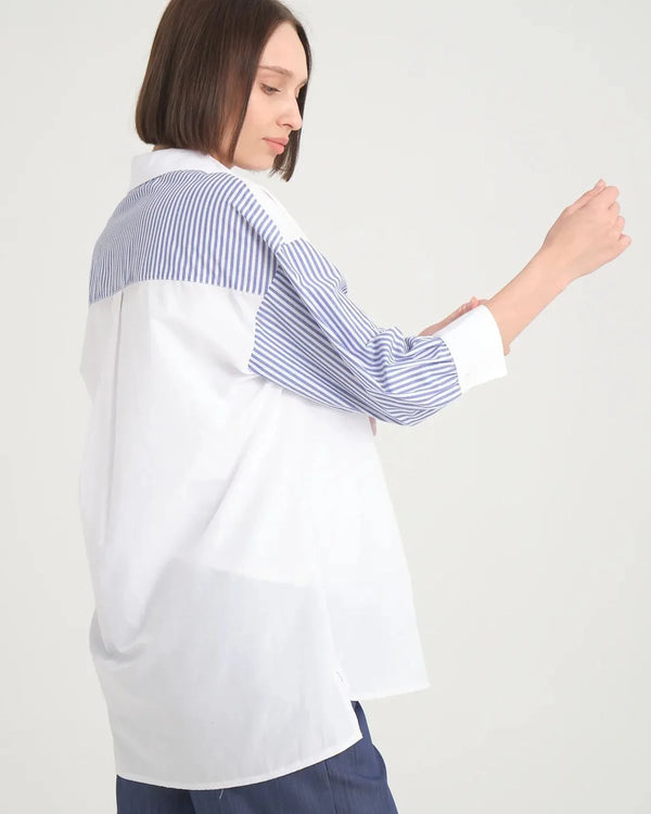 White Maternity Shirt with Blue Stripes