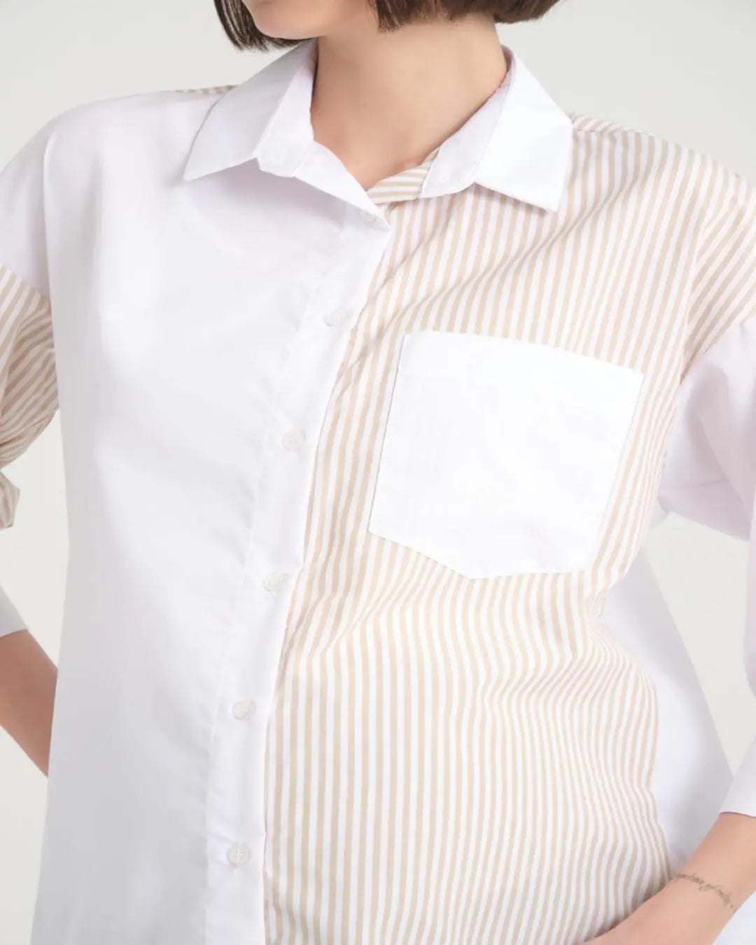 White Maternity Shirt with Beige Stripes