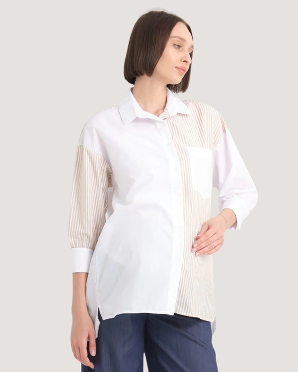 White Maternity Shirt with Beige Stripes