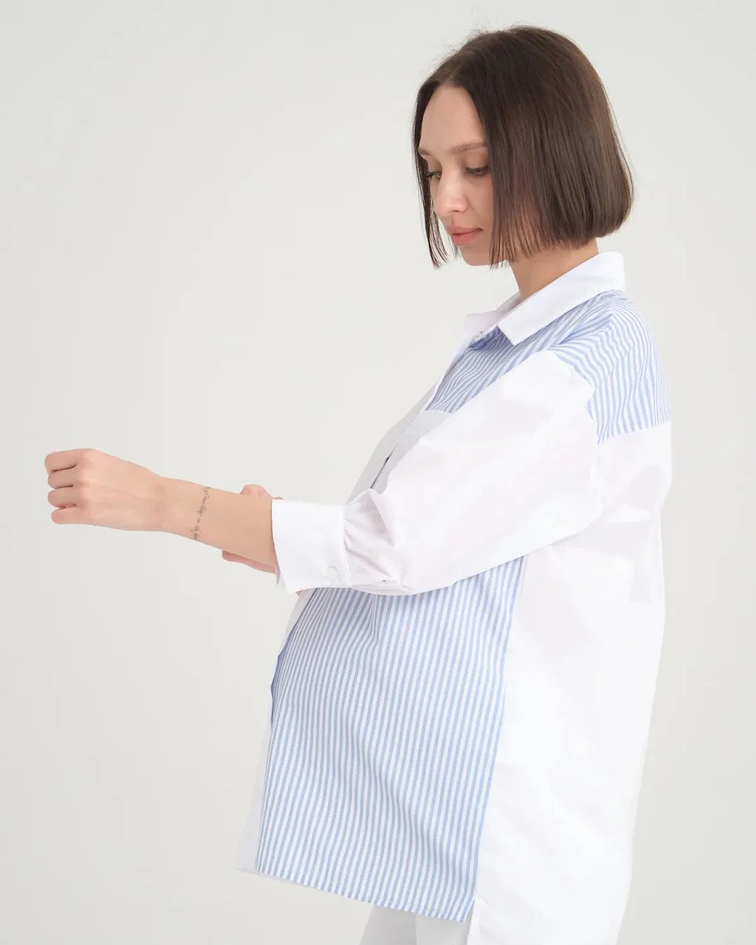 White Maternity Shirt with Blue Stripes