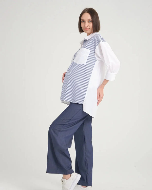 White Maternity Shirt with Blue Stripes