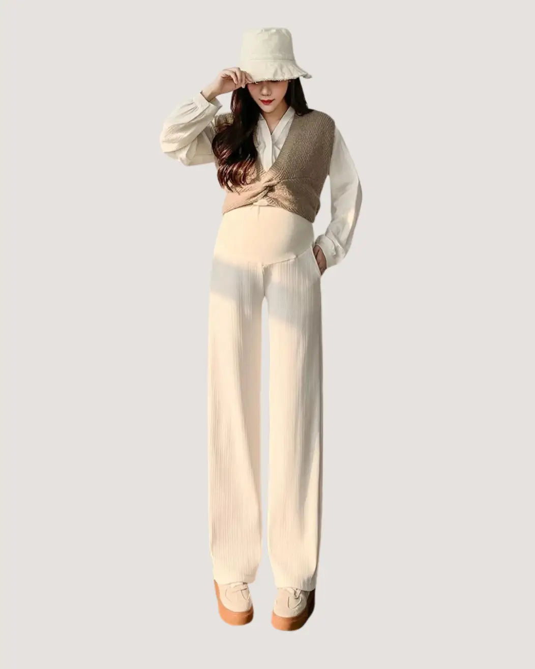White Ribbed Wide-leg Maternity Pants